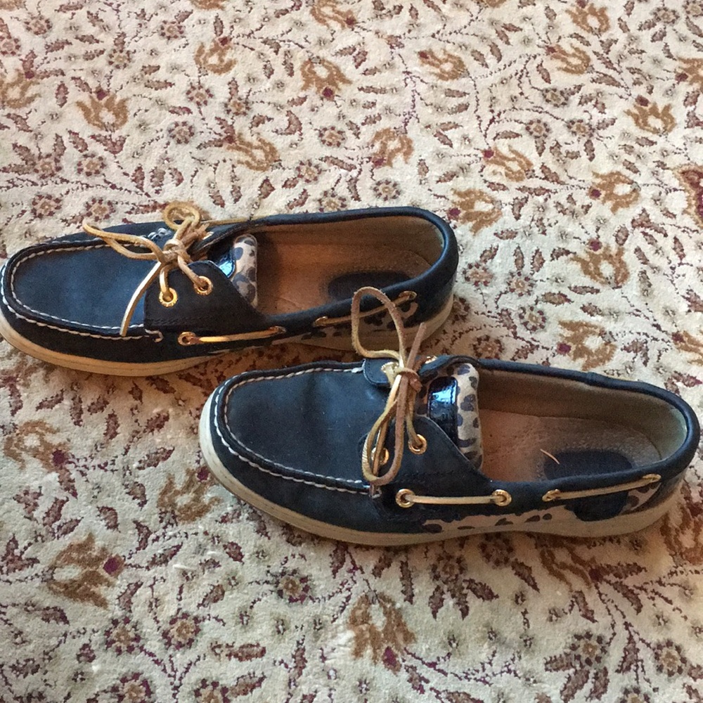 Black Sperry Boat Shoes with Cheetah Print Accents